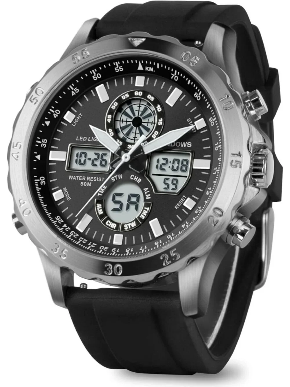 Men's Silver Analog Quartz Waterproof Military Multifunctional LED Digital Watch